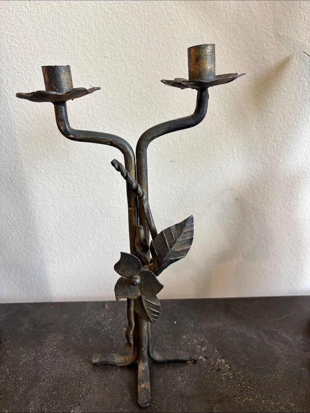Hand-Forged Metal Two-Arm Candle Holder in Aged Bronze